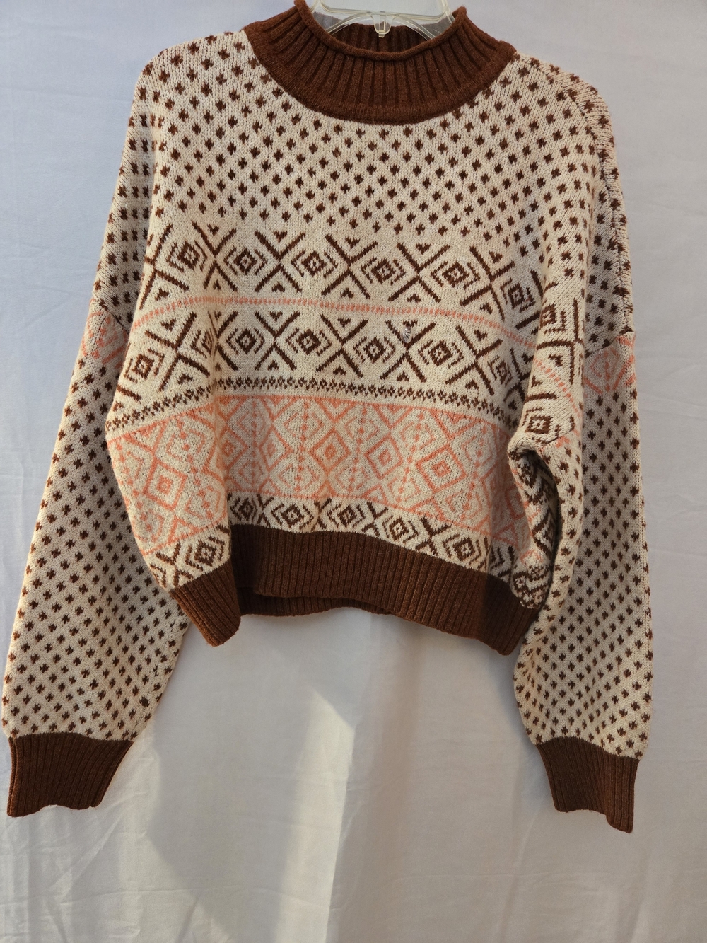 American Eagle Outfitters Cream &brown Patterned Sweater Slight Cropped